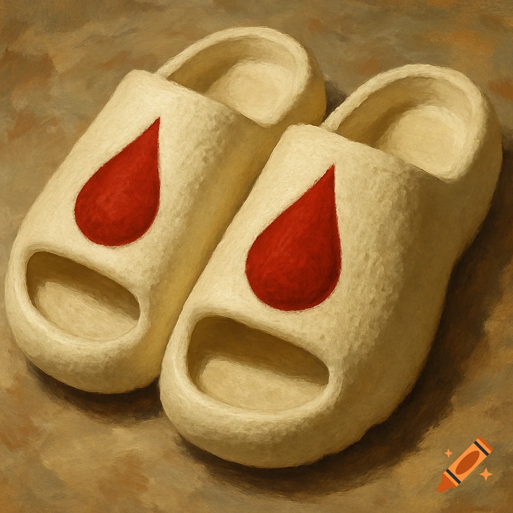 A pair of white foam slippers with red blood drop logos.