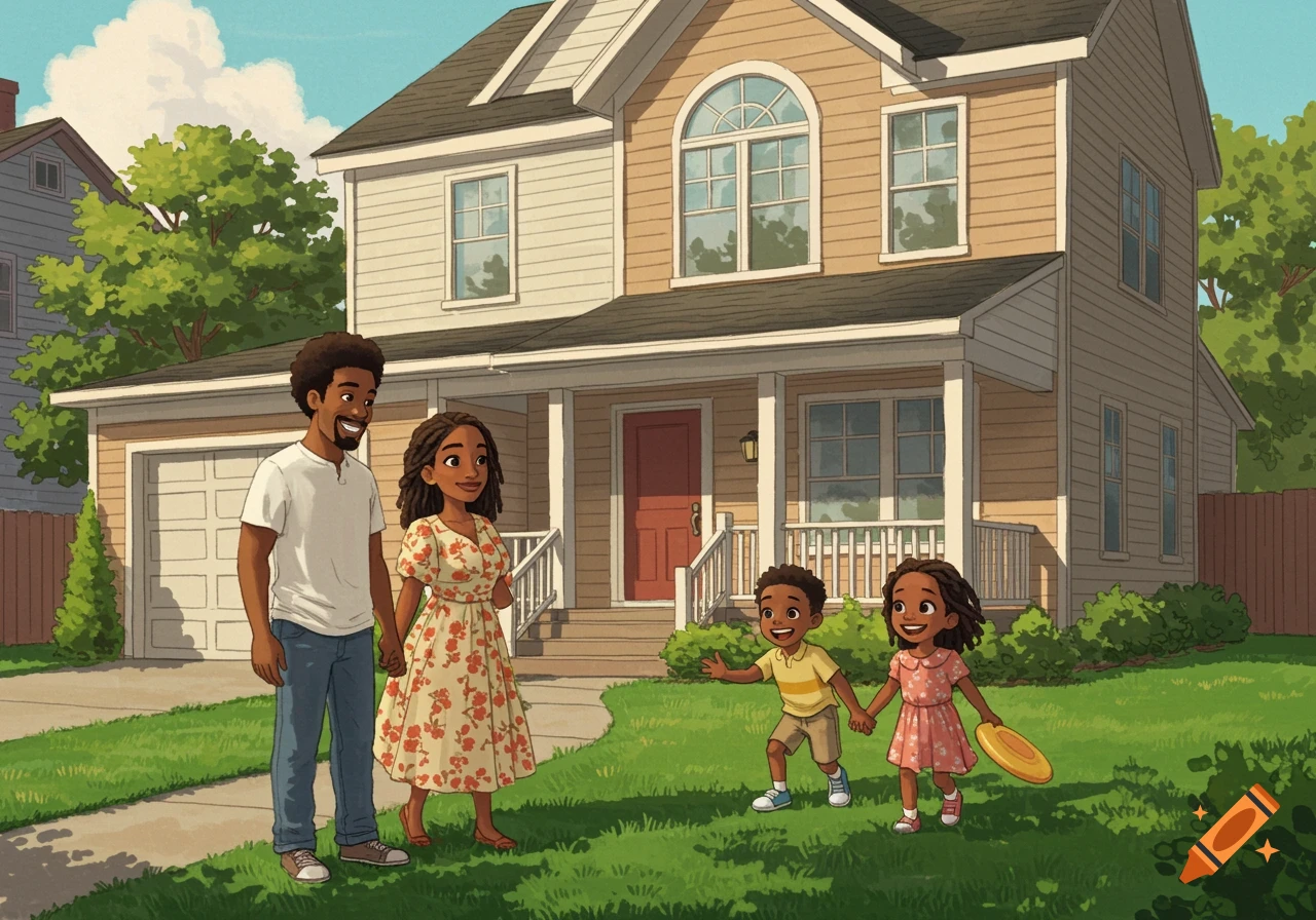 A Black family standing in front of a house on a sunny day.