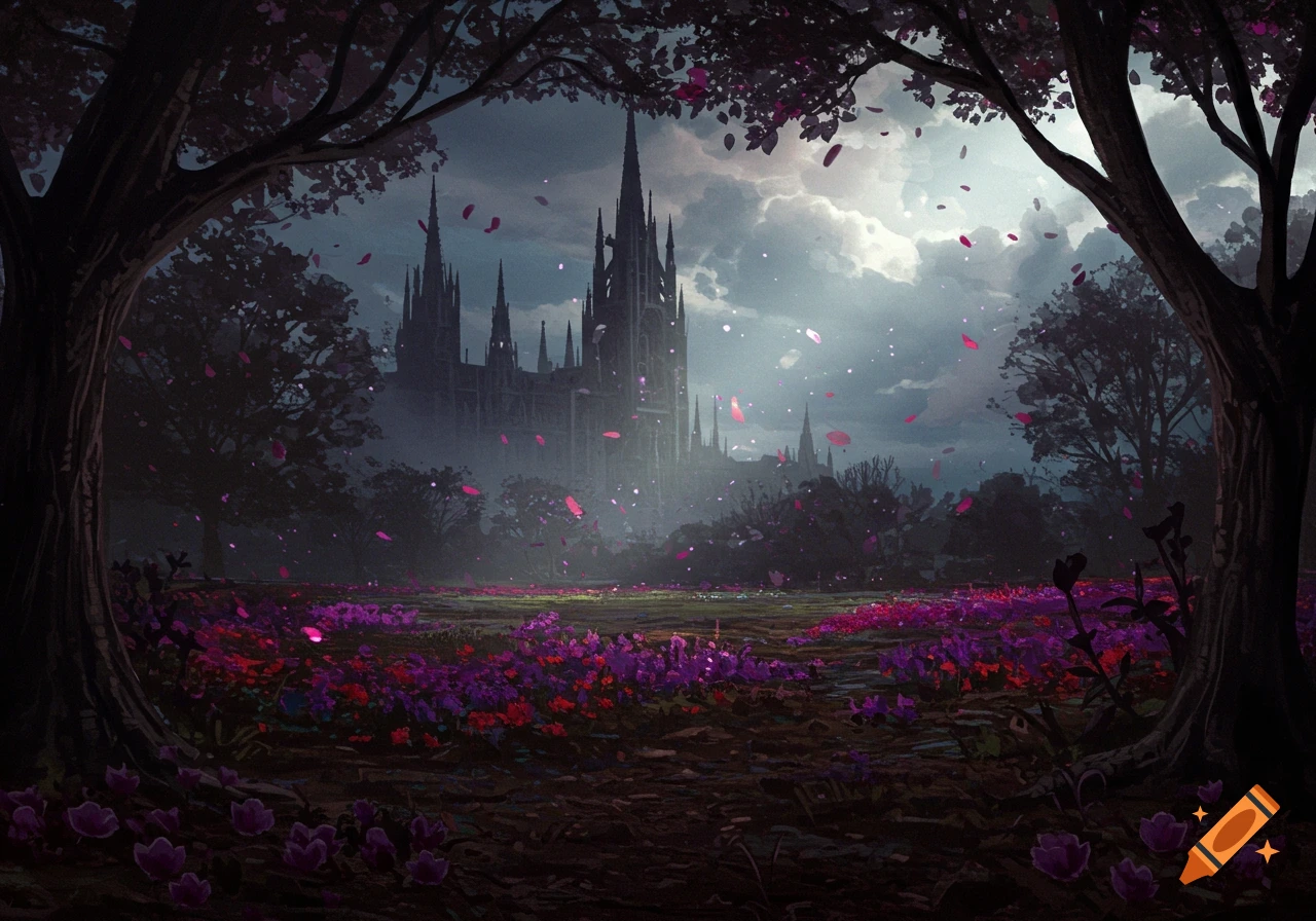 Gothic castle in the distance viewed through dark trees, with a foreground field of purple and red flowers under a cloudy sky.