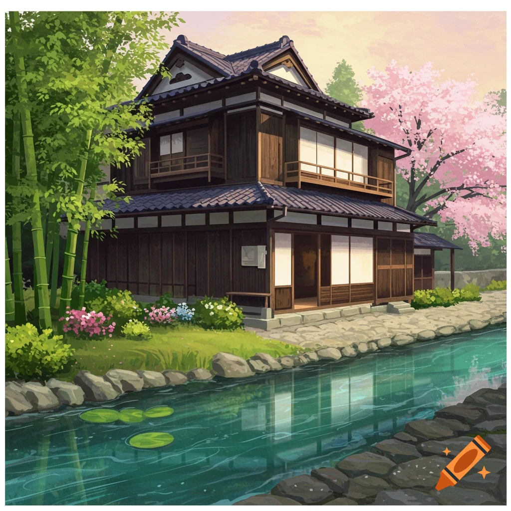 A Japanese house by a river with bamboo and cherry blossoms.
