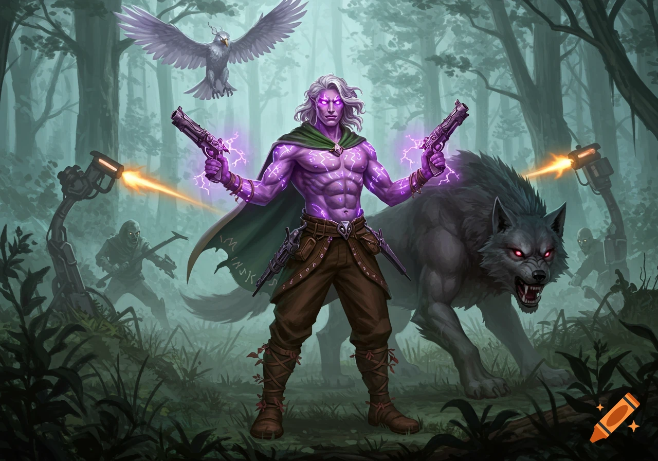 Fantasy character with purple skin, white hair, holding pistols, standing with a wolf and a bird in a forest combat scene.