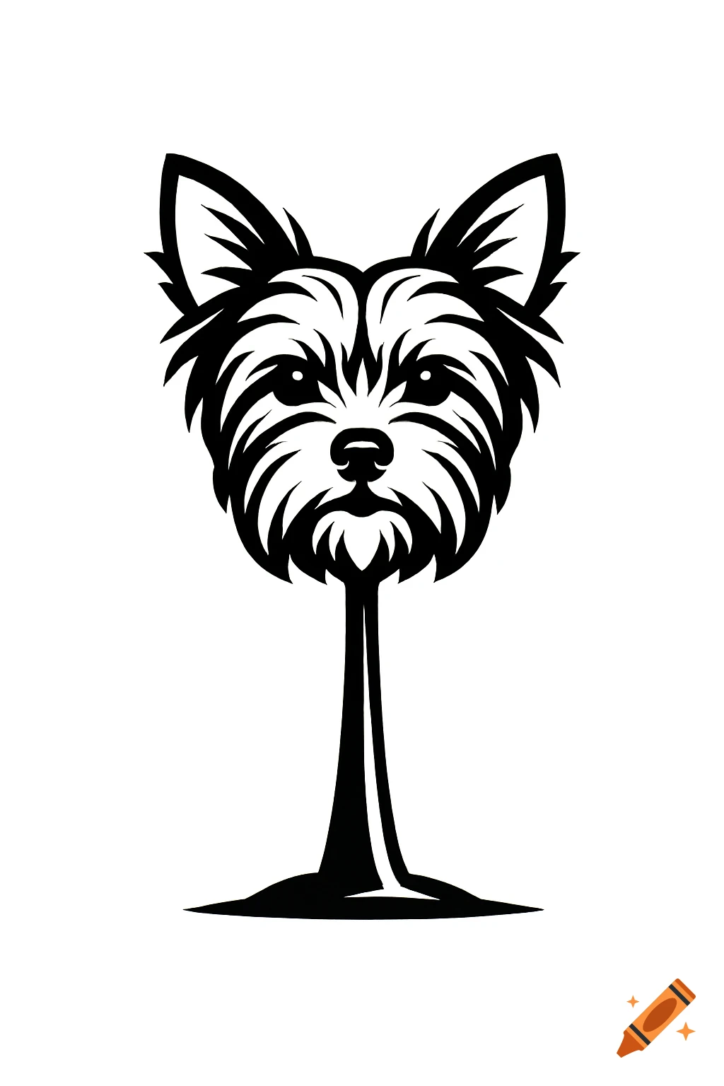 Black and white vector logo of a Yorkshire Terrier head on a palm tree trunk.