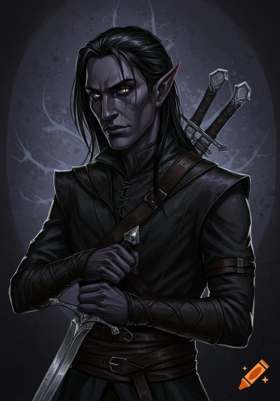 A dark elf man holding a sword. He has long black hair, red eyes, and is wearing dark clothing.