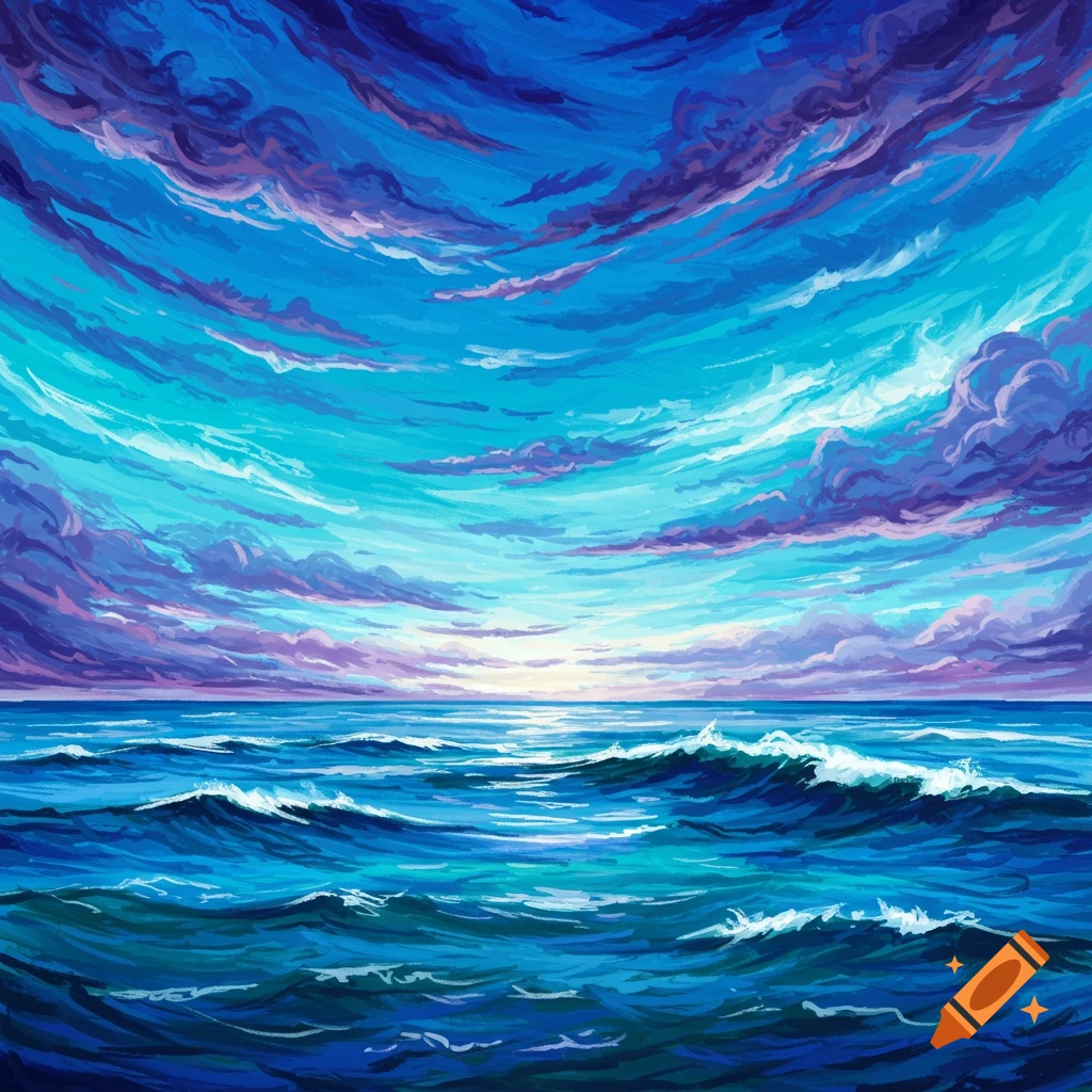Abstract sea and sky with vibrant blue and purple clouds.