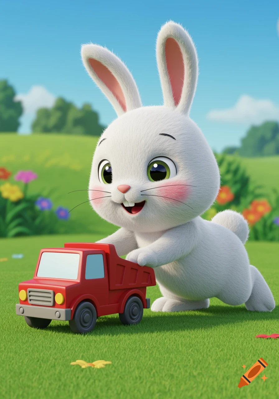 A fluffy white cartoon bunny plays with a red toy truck in a sunny green meadow with flowers.