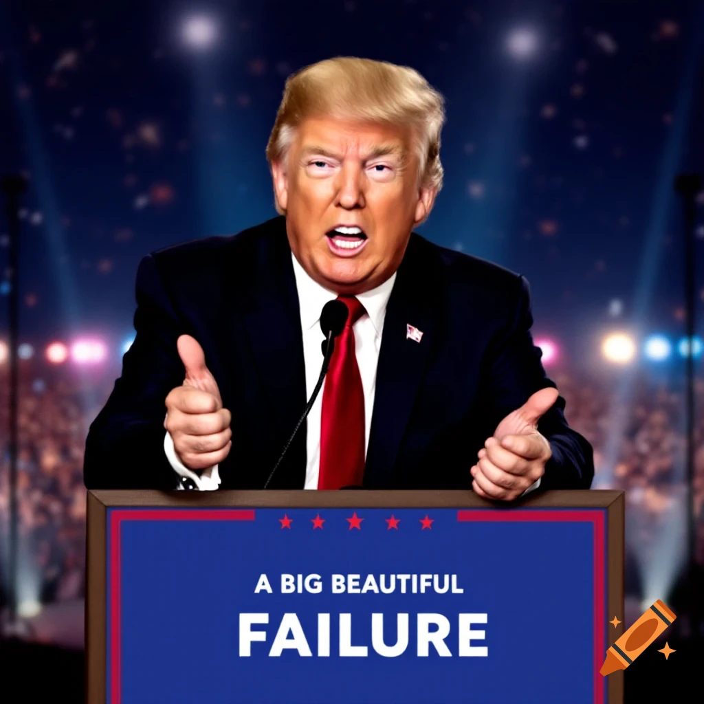 Donald Trump stands at a podium giving a thumbs up. The podium reads "A BIG BEAUTIFUL FAILURE".