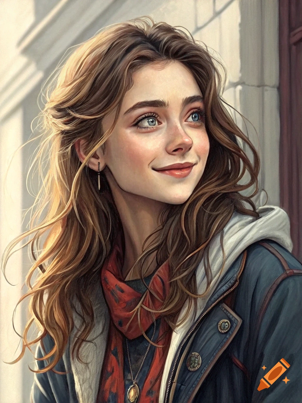 A young woman is smiling, with long brown hair, blue eyes, and a red scarf.