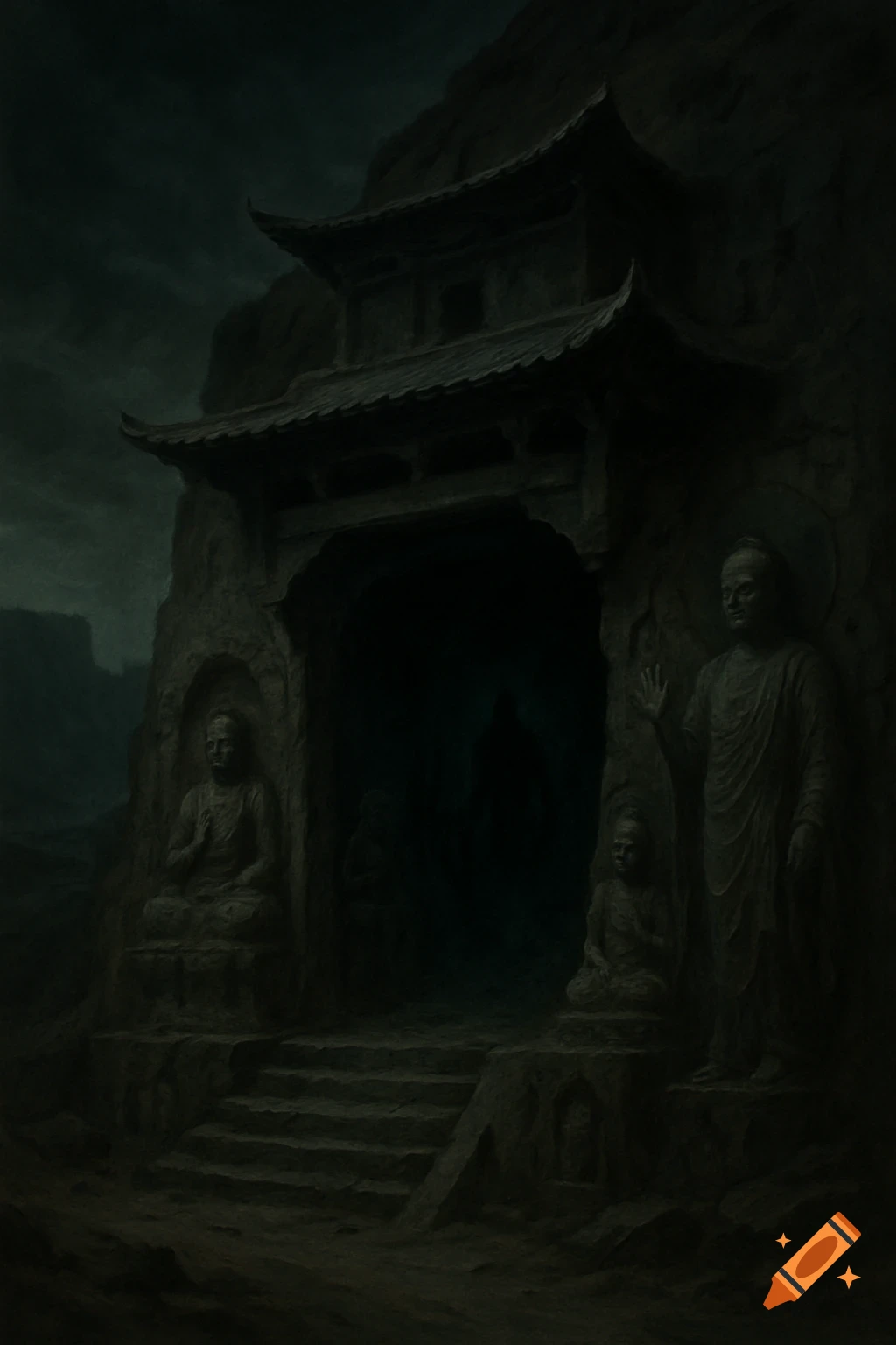 Dark, atmospheric image of a Mogao Cave entrance with Buddhist carvings and a shadowy figure.