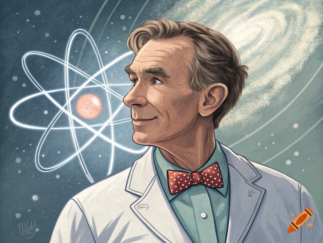 Illustration of Bill Nye in a lab coat and bow tie, with an atom and galaxy in the background.
