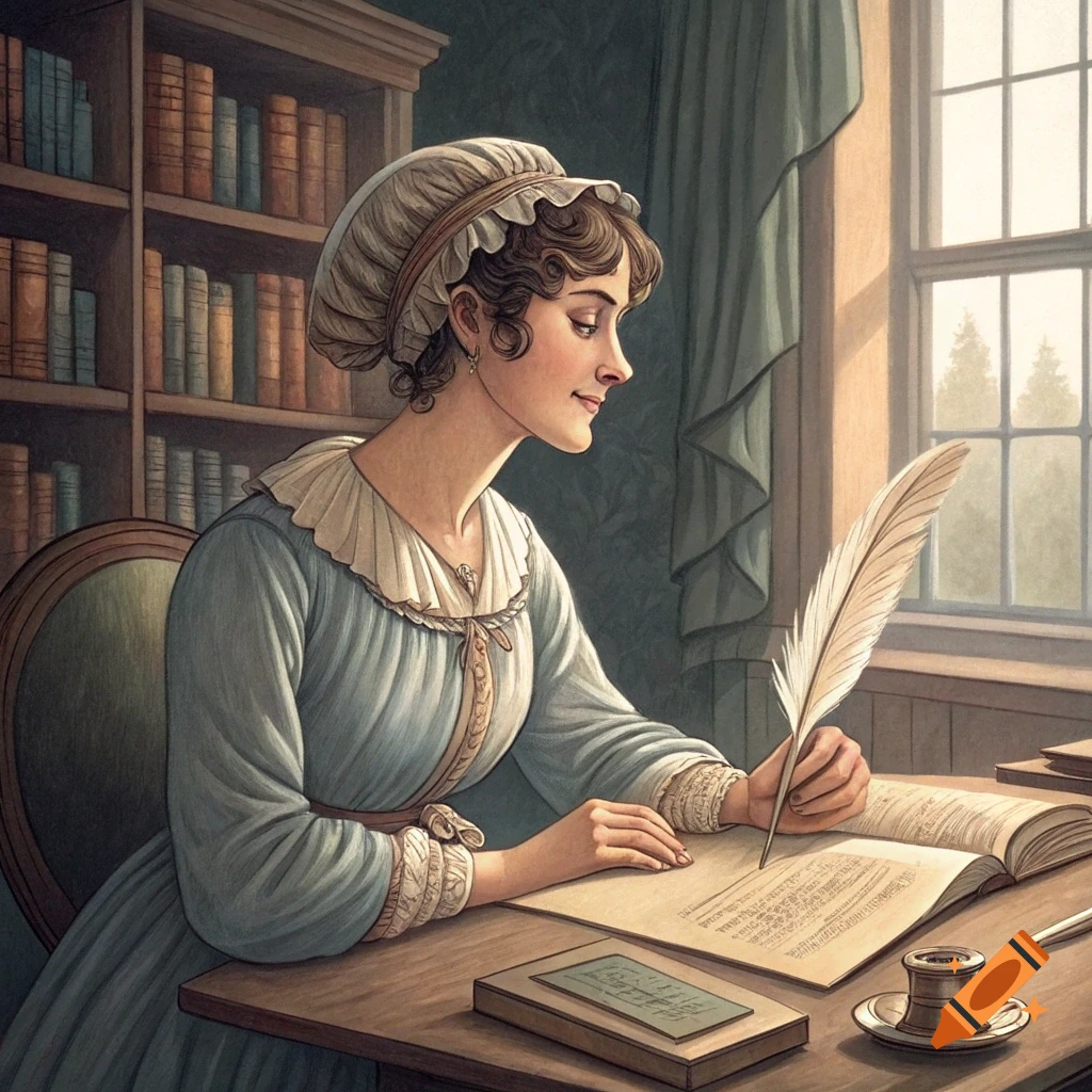 Woman in historical dress writing with a quill pen at a desk with books