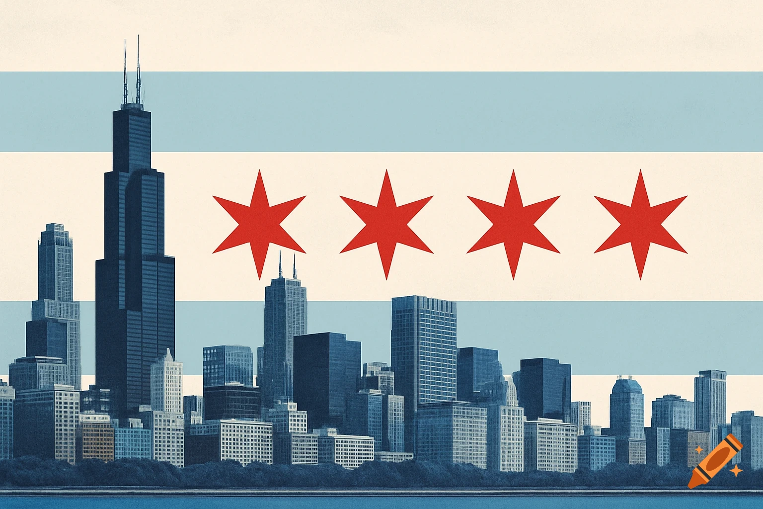Stylized Chicago skyline overlaid with the blue and white stripes and red stars of the city flag.