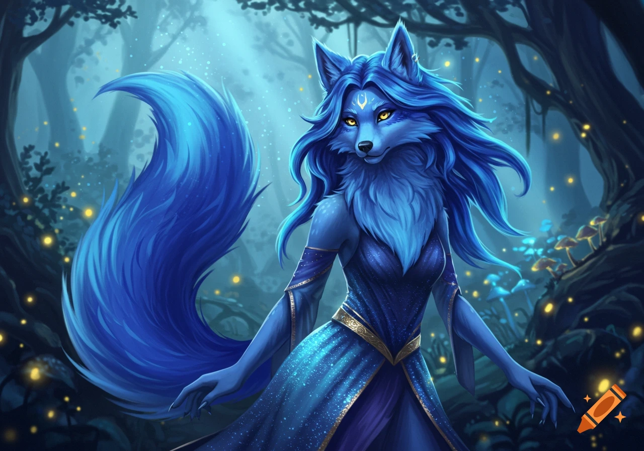 Blue anthro wolf in a sparkly dress standing in a magical forest.