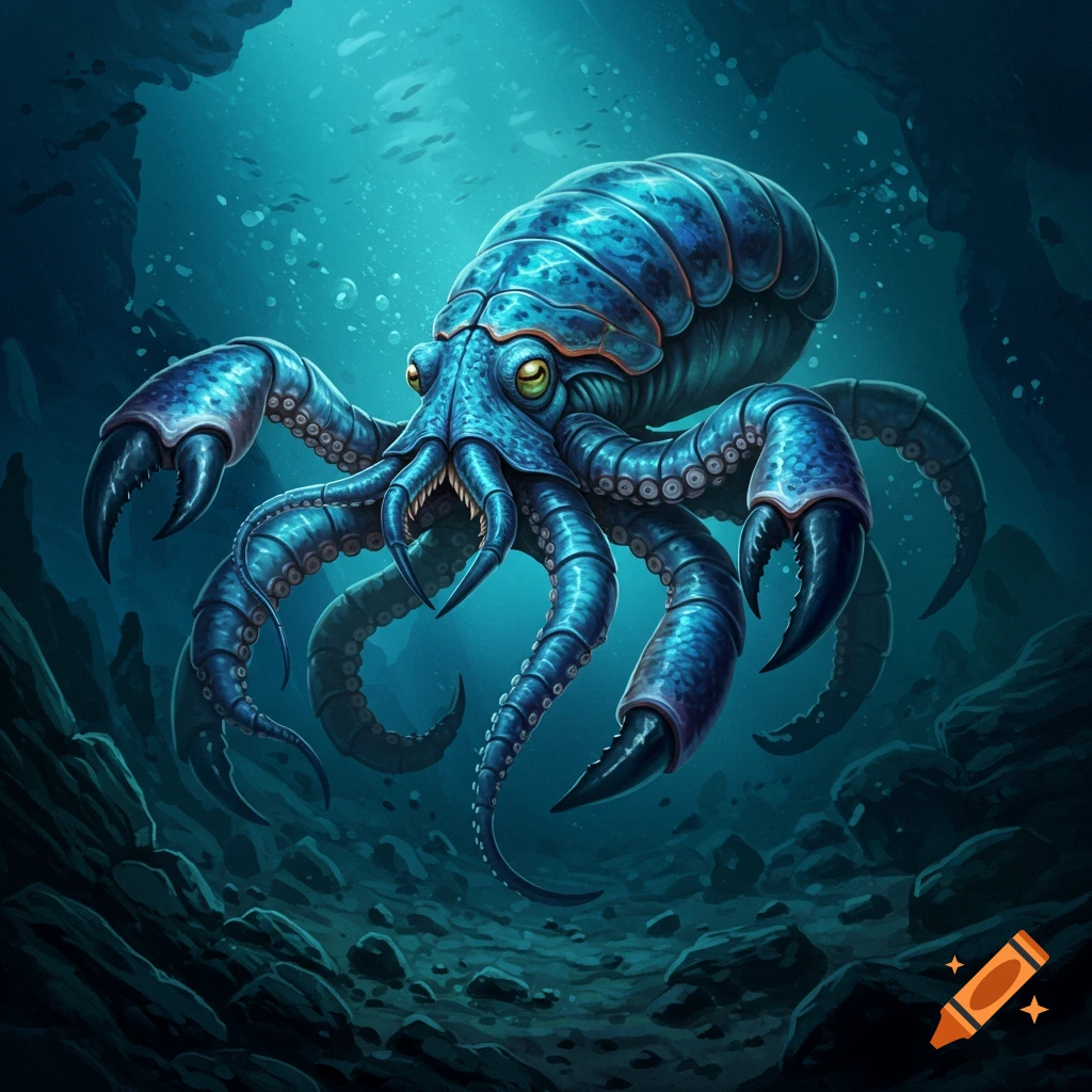 A blue creature resembling an octopus with an exoskeleton and claws swimming in an underwater cave