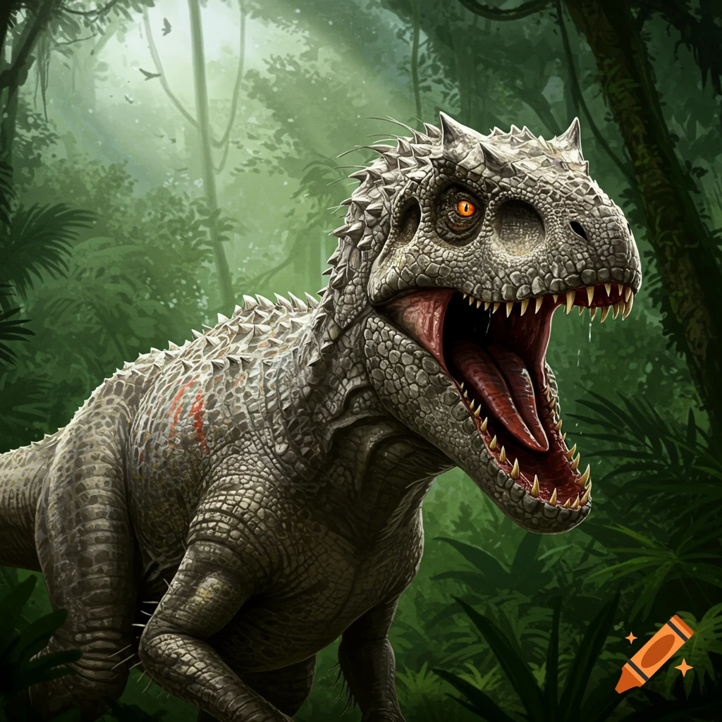 A fierce Indominus Rex dinosaur roaring in a jungle.