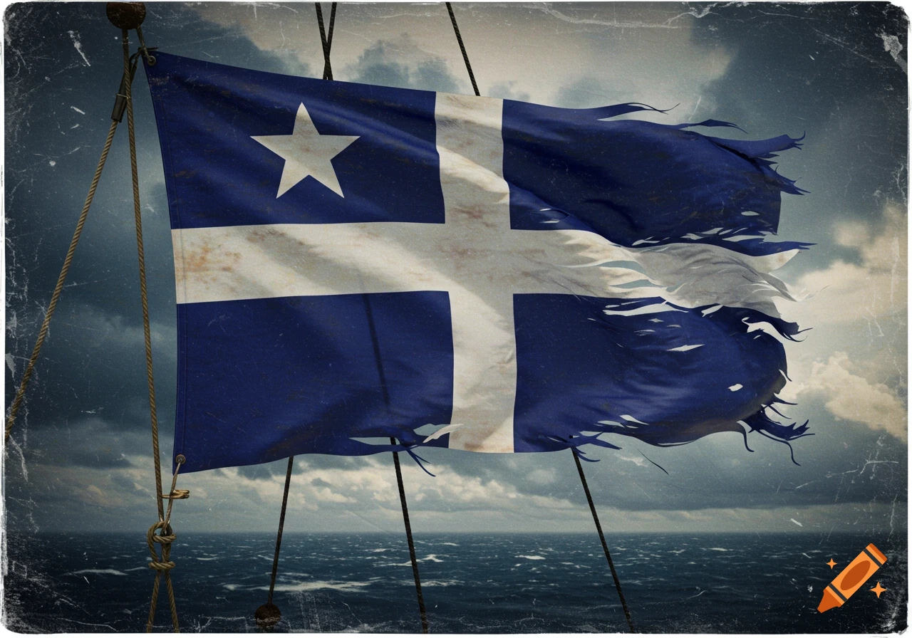 A distressed navy jack flag waves on a ship at sea under a stormy sky.
