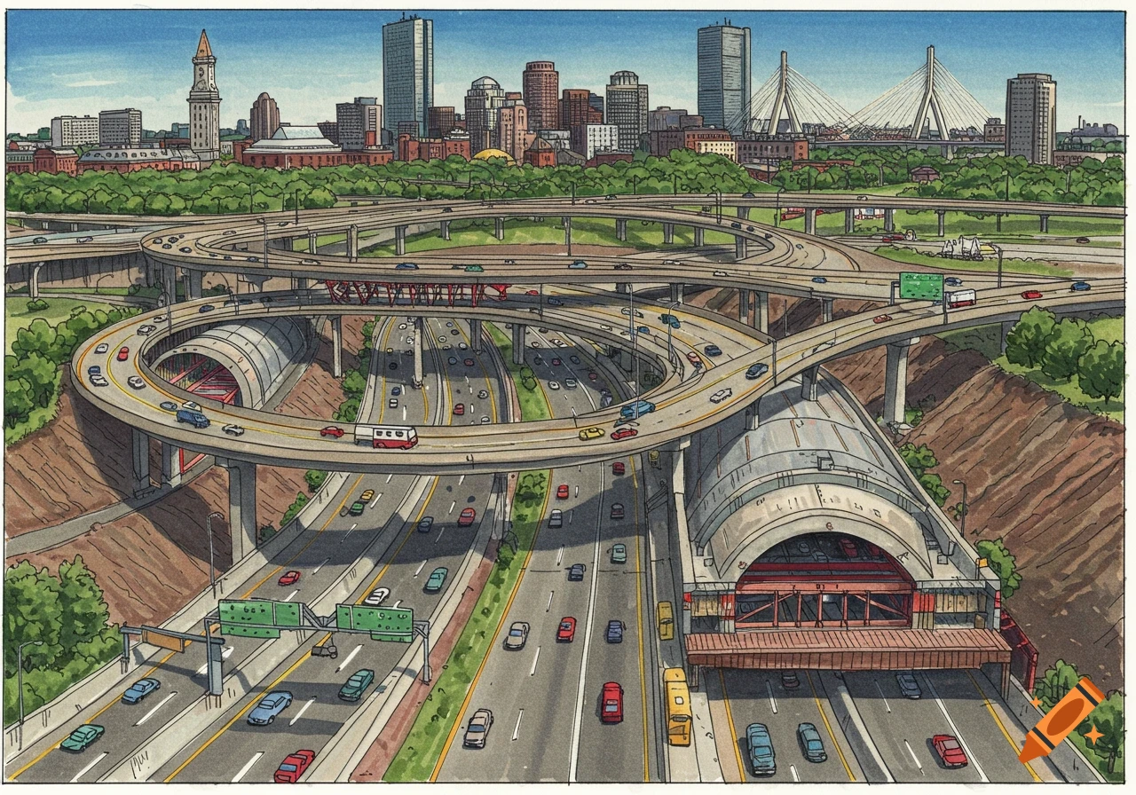 A detailed image of a complex highway interchange with a city skyline in the background.