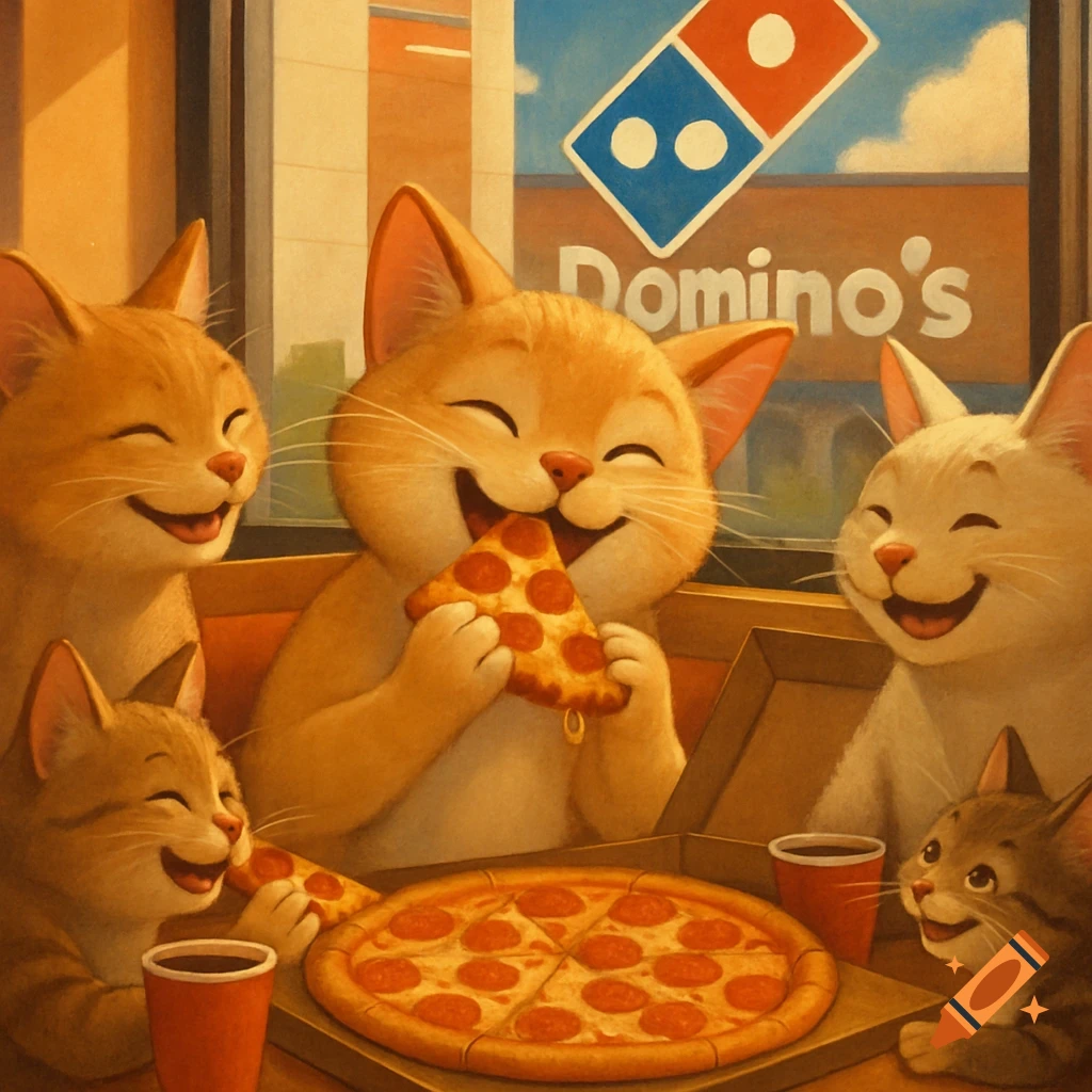 Happy cartoon cats eating pizza at a restaurant.