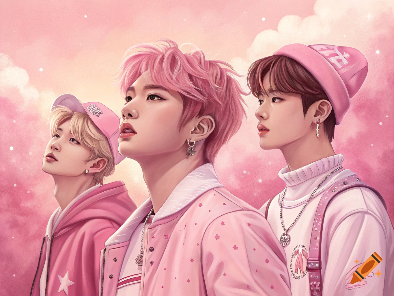 Three young men in pink outfits looking up, aesthetic portrait style.