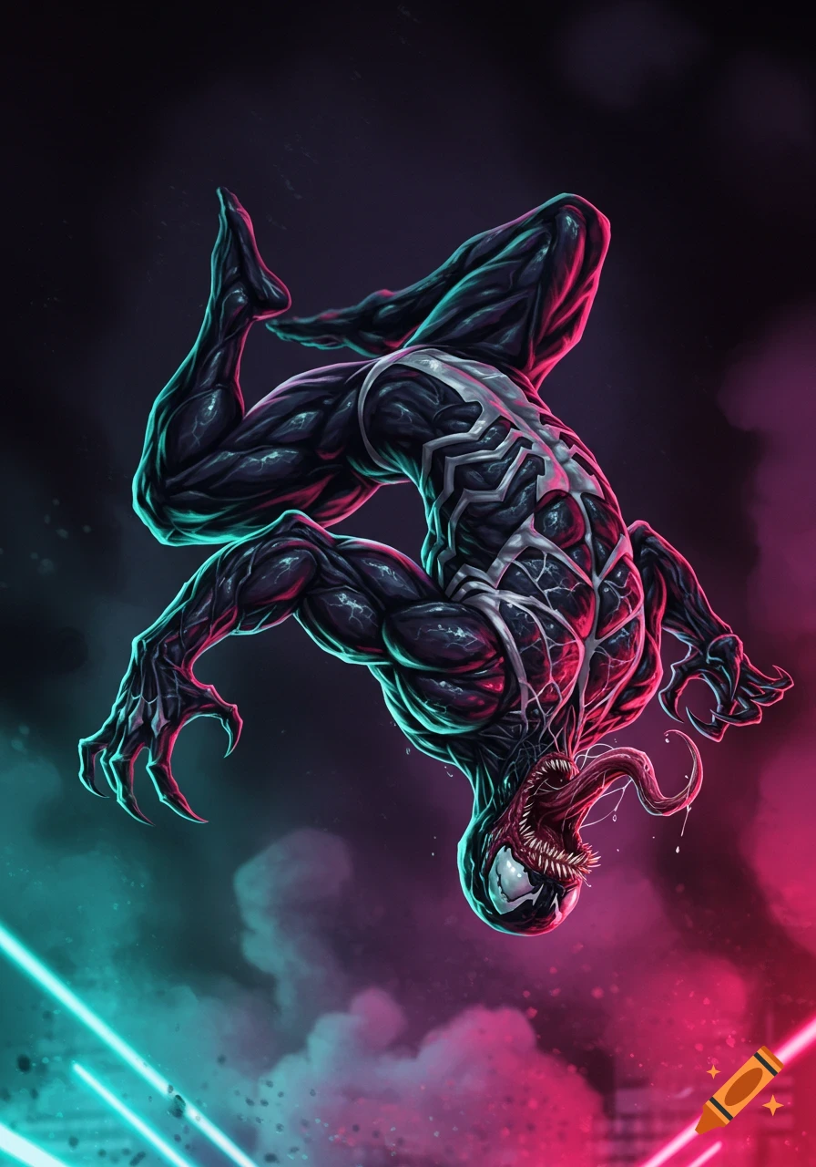 Marvel's Venom backflipping with neon lighting