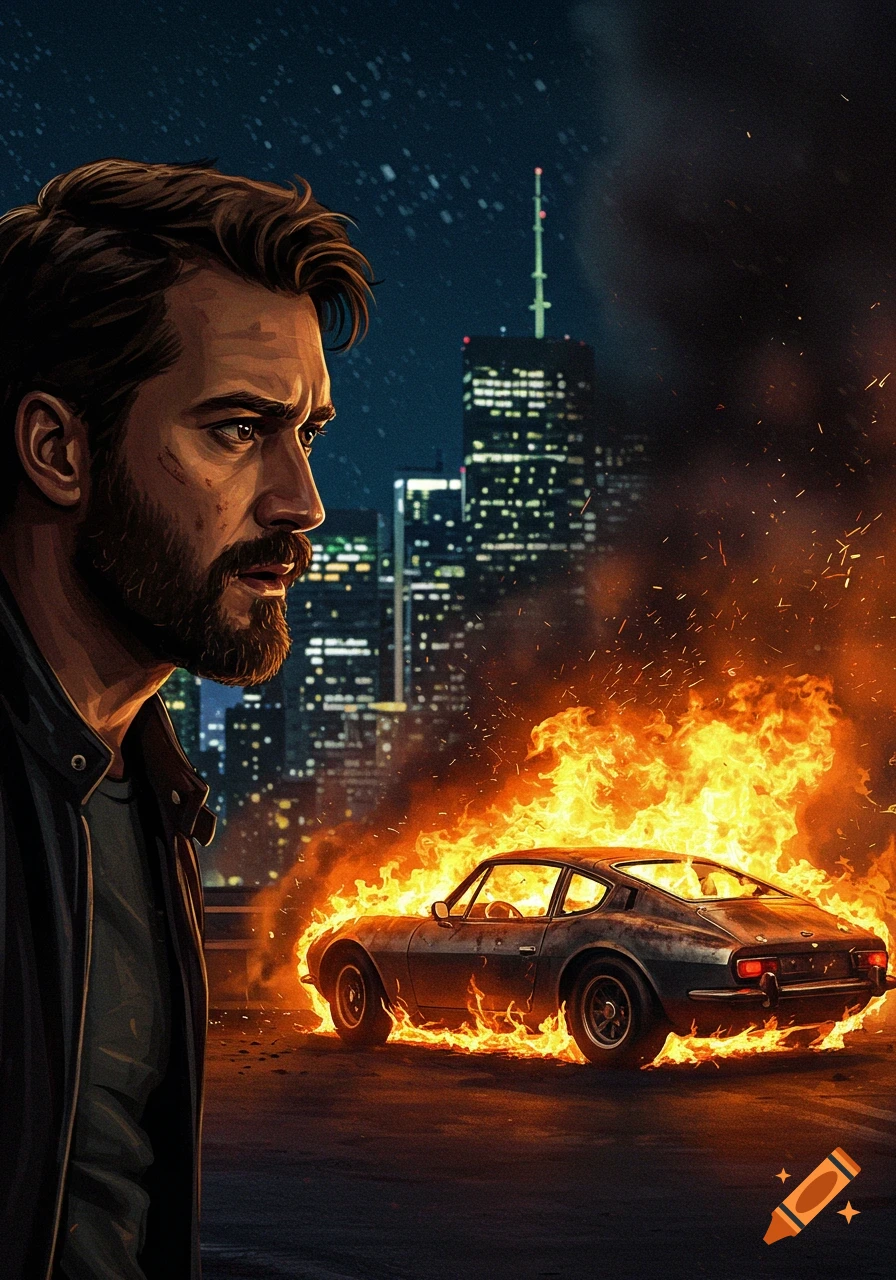 A man is watching a burning car on a city street at night.