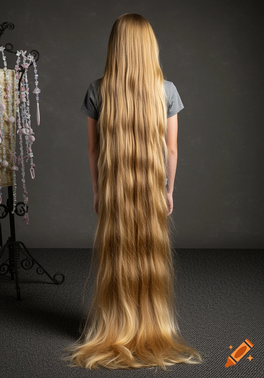 A young person with very long blonde hair stands with their back to the camera.