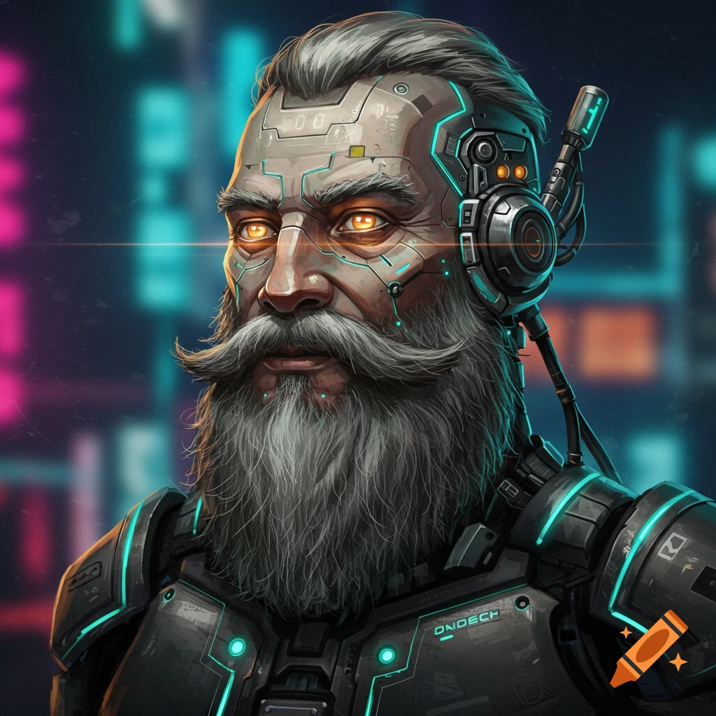 Image of a bearded cyborg with glowing eyes and metallic implants in a neon city.