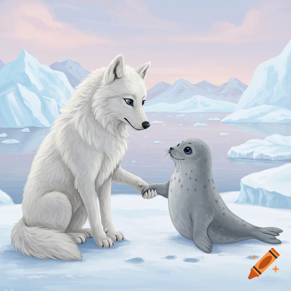 an Arctic wolf and a seal holding hands in a snowy arctic landscape.