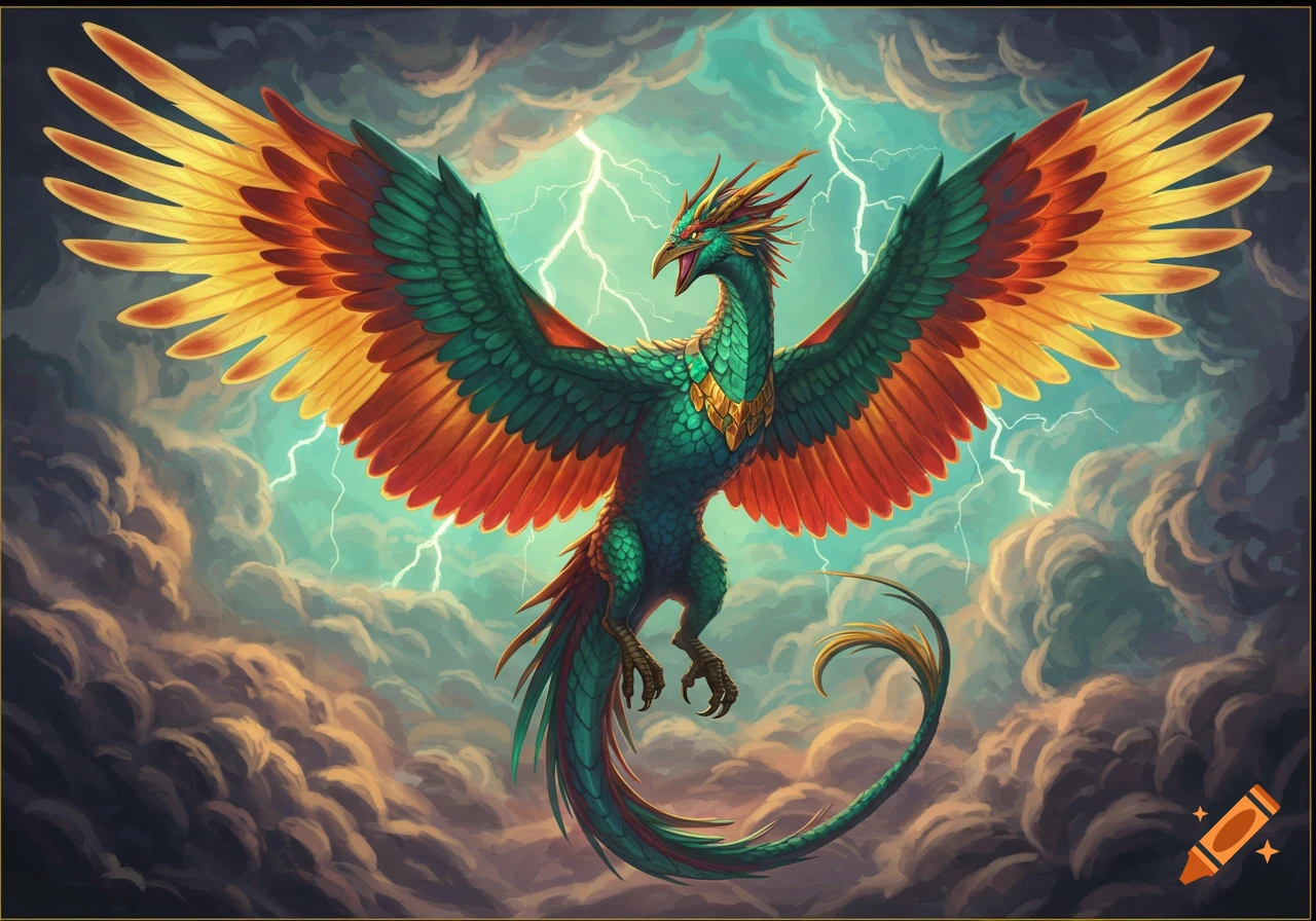 A large, colorful mythical bird flies through a stormy sky with lightning.