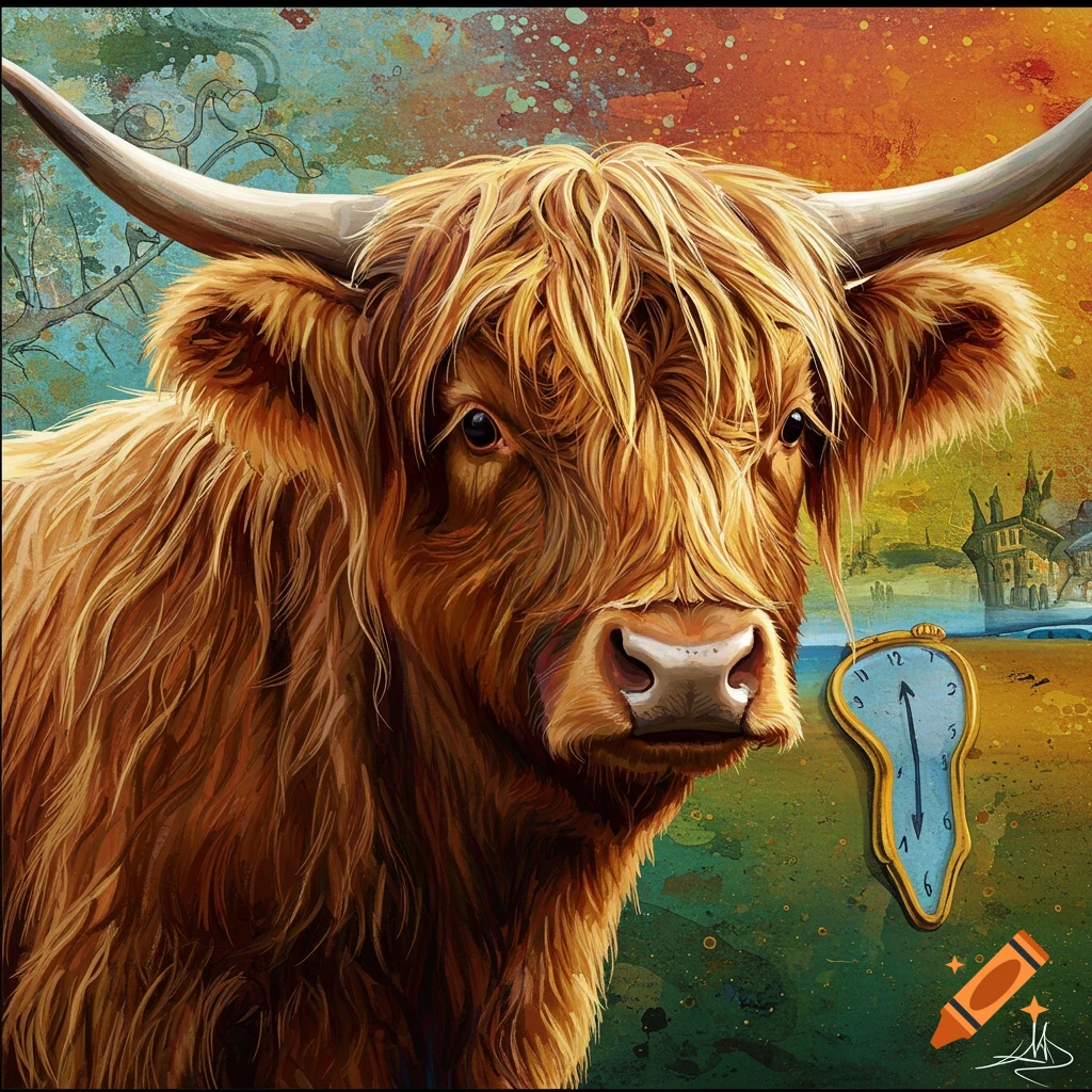 Surreal image of a shaggy brown Highland cow and a melting clock.