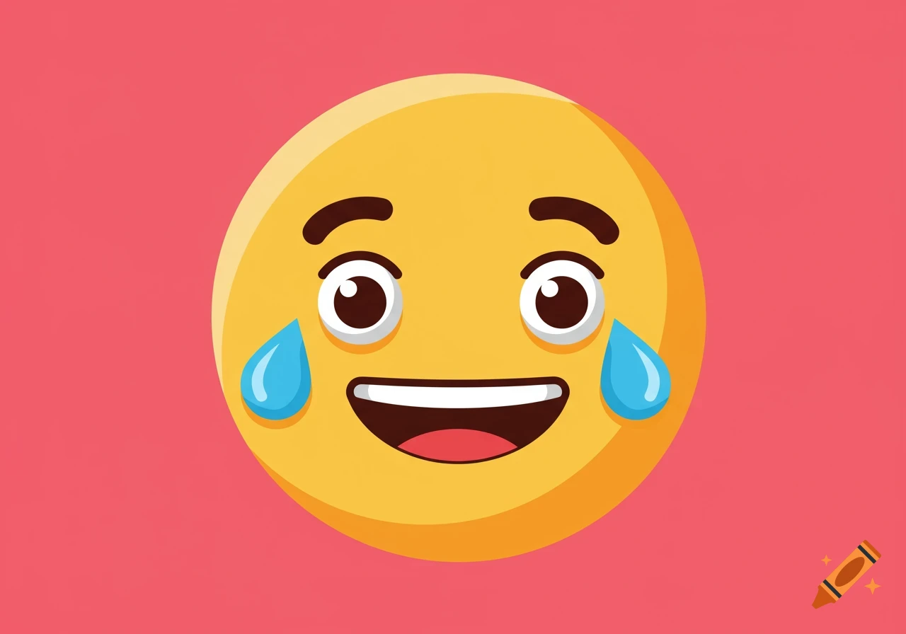 A yellow emoji crying with tears of joy on a pink background.
