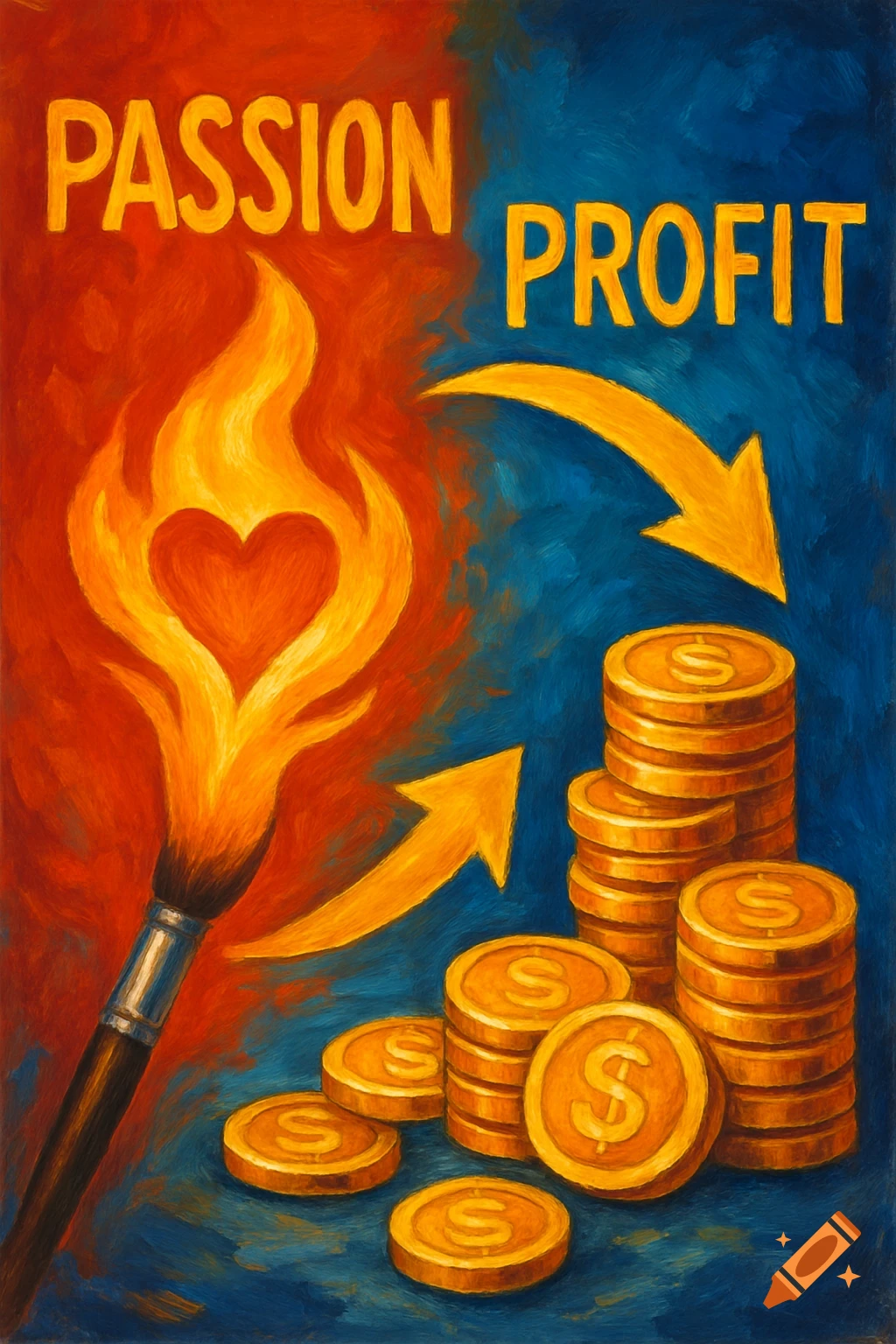 A brush with a fiery heart connects the word 'Passion' to coin piles labelled 'Profit' with arrows.