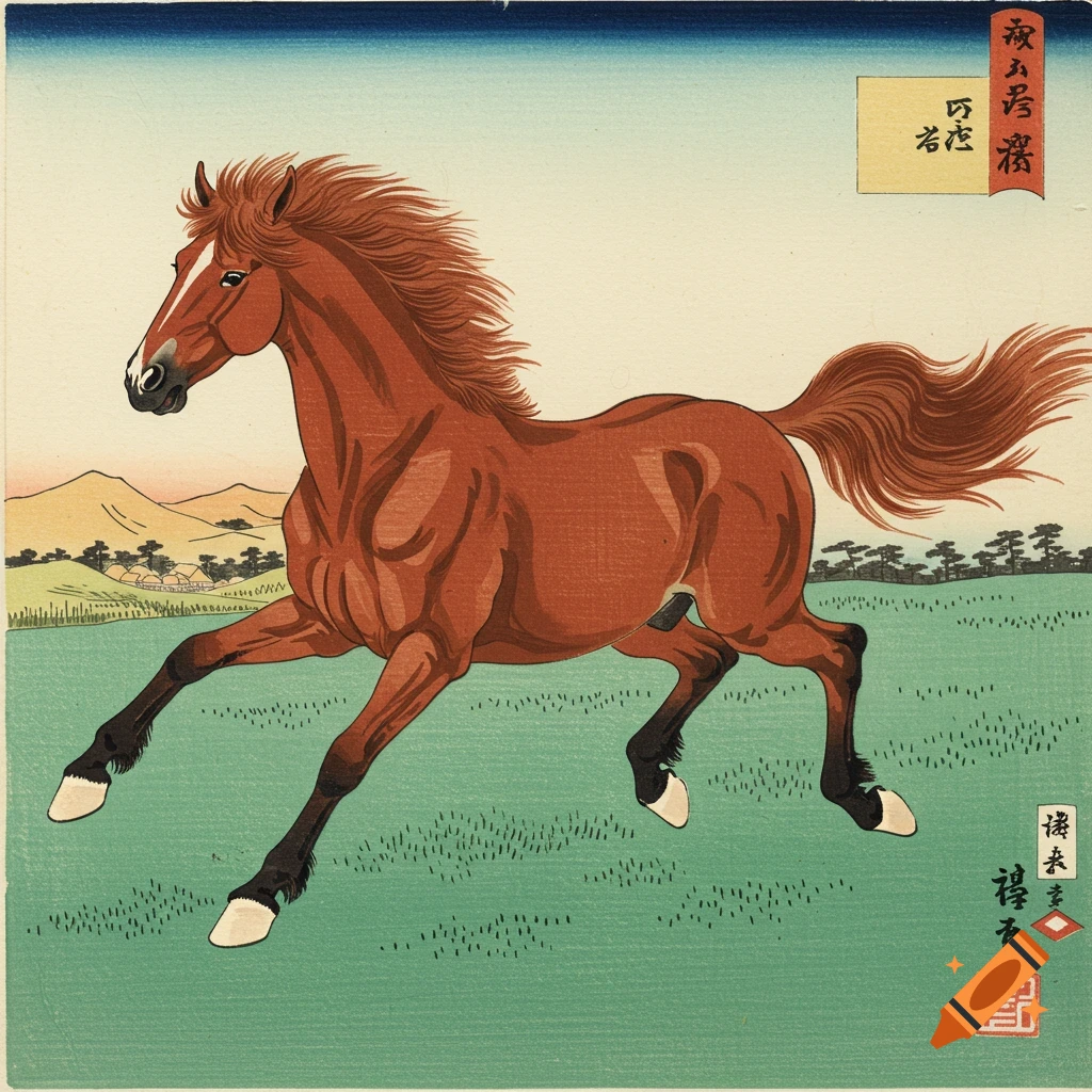 Ukiyo-e style illustration of a brown horse galloping in a green field.