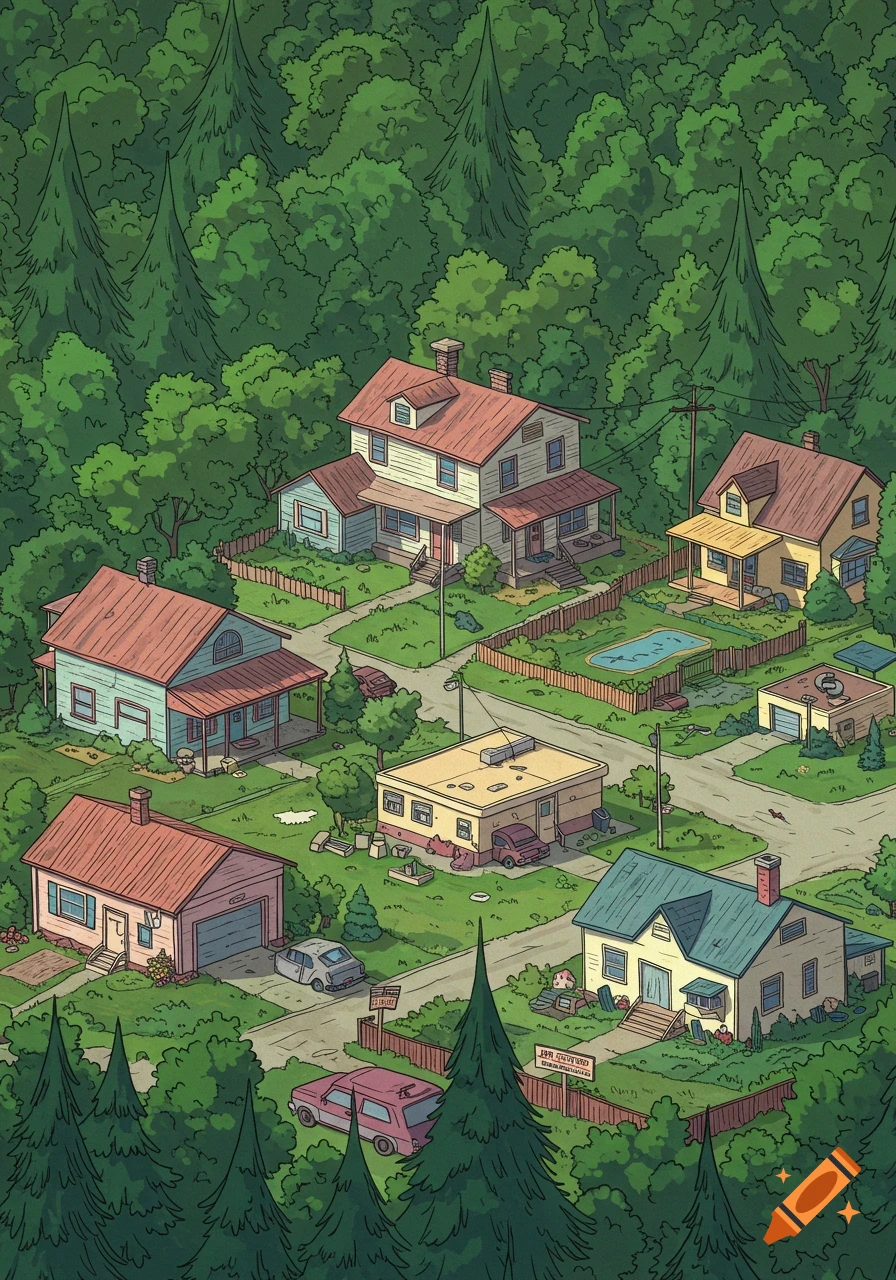 Cartoon illustration of a neighborhood surrounded by dense forest.