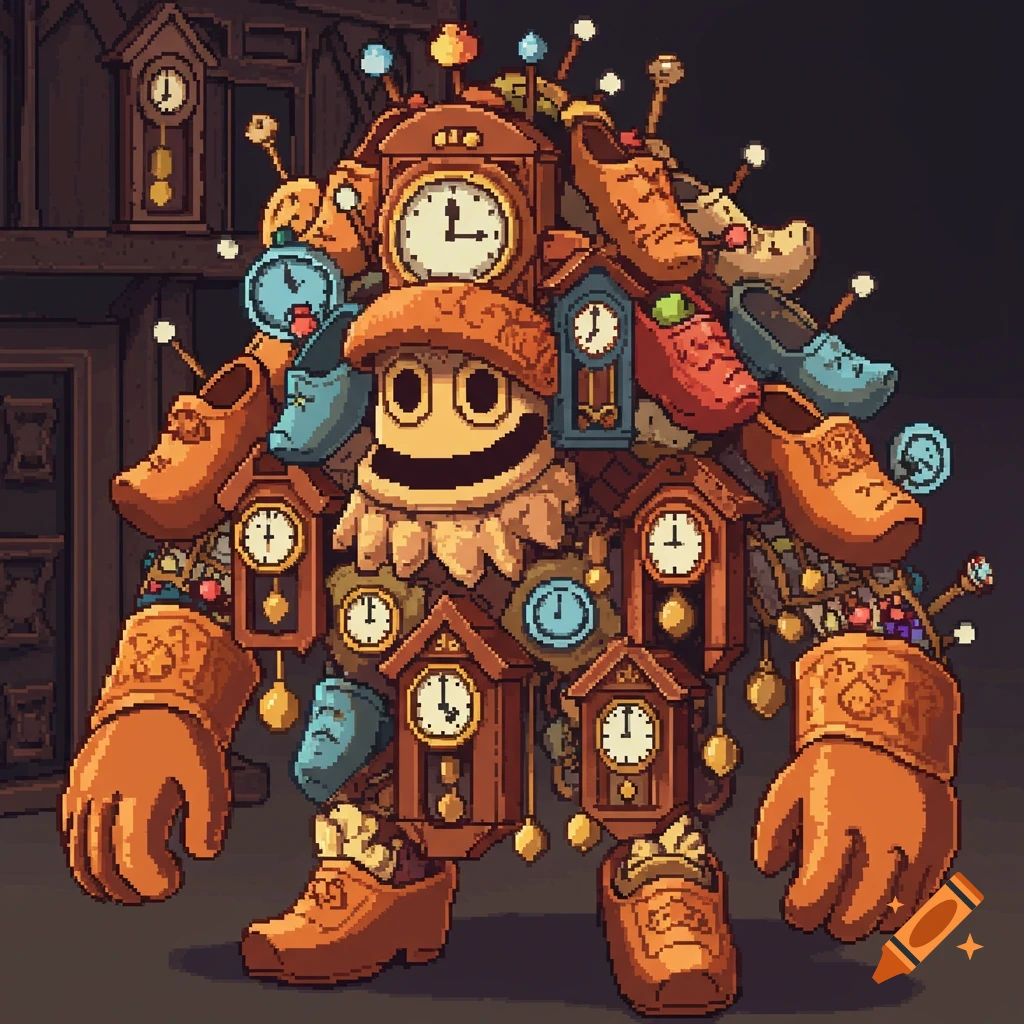 A pixel art creature made of clocks and clogs standing in a dark room.