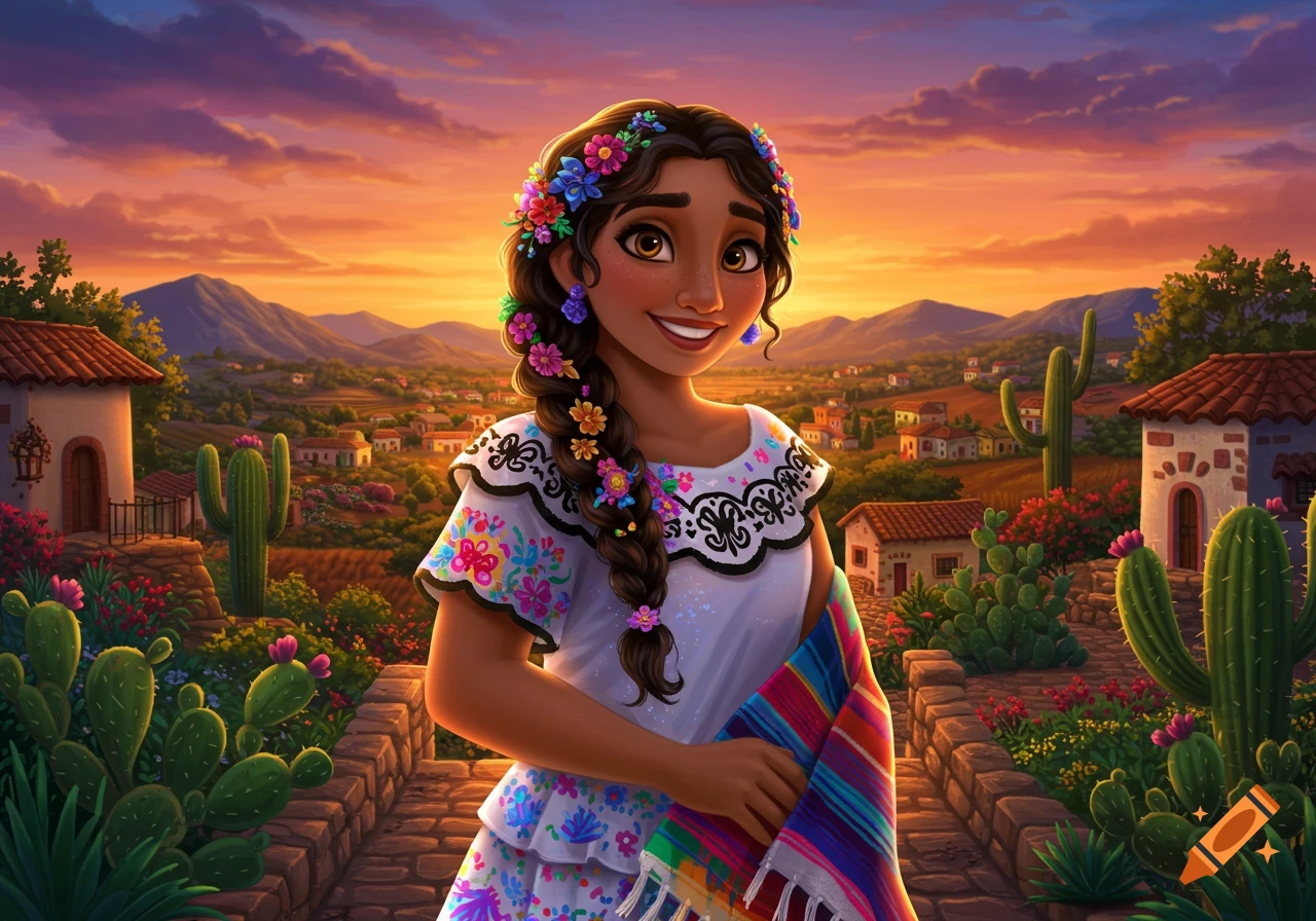 Animated character resembling a Disney princess in a colorful Mexican village landscape