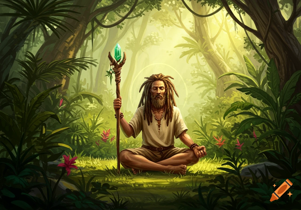Ancient Caucasian Rastafarian man meditating in jungle on Craiyon