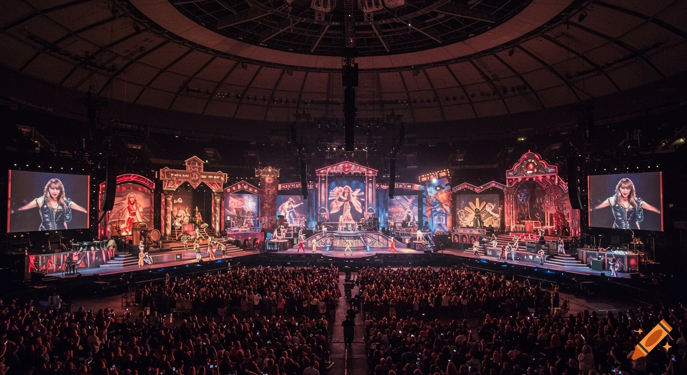 Concert stage setup in a large arena with a crowd