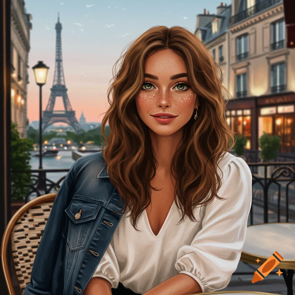 A French woman with freckles sits at a cafe in Paris with the Eiffel Tower in the background.