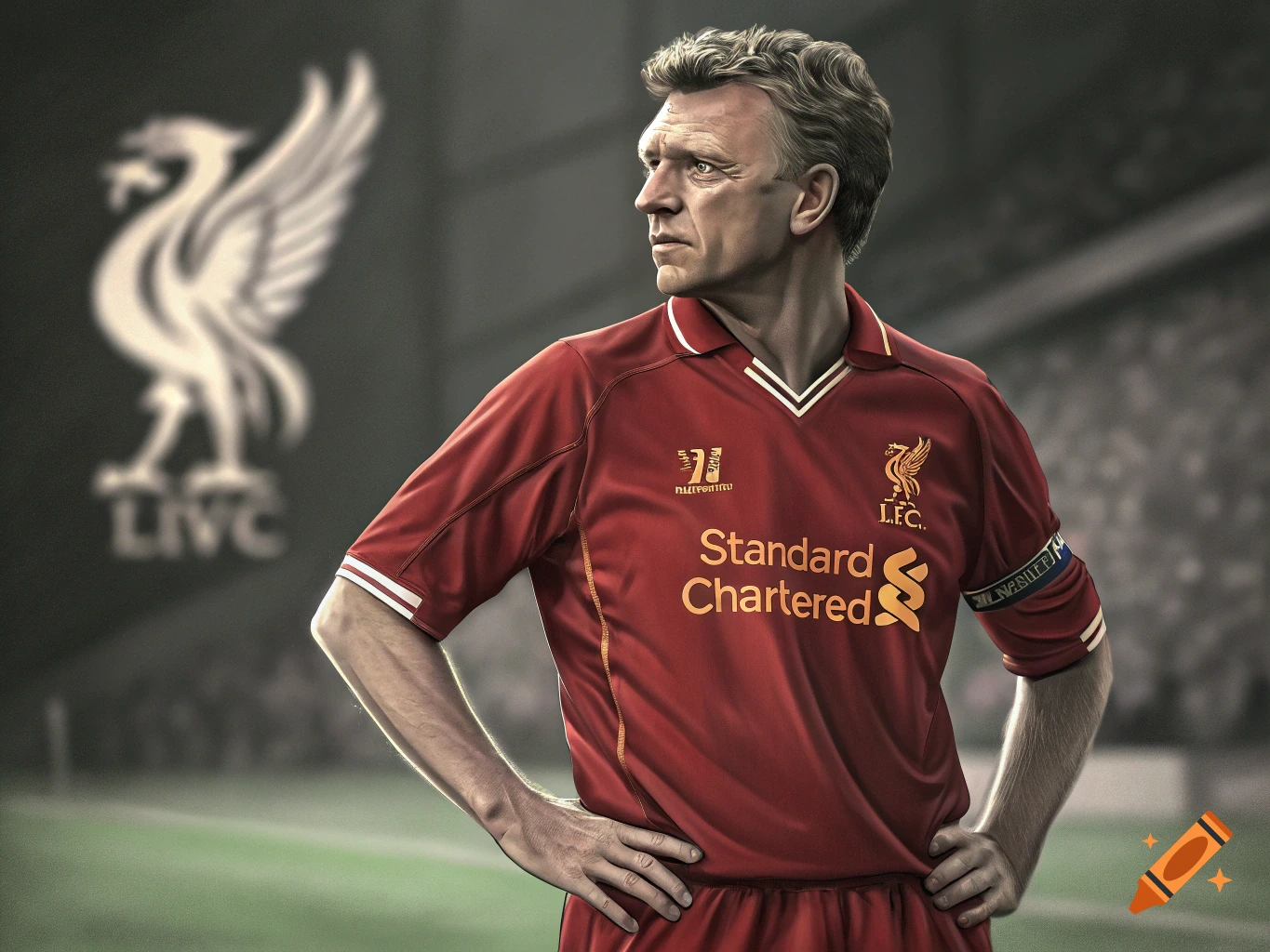 Man in red football jersey with Liverpool FC crest, hands on hips, looking left