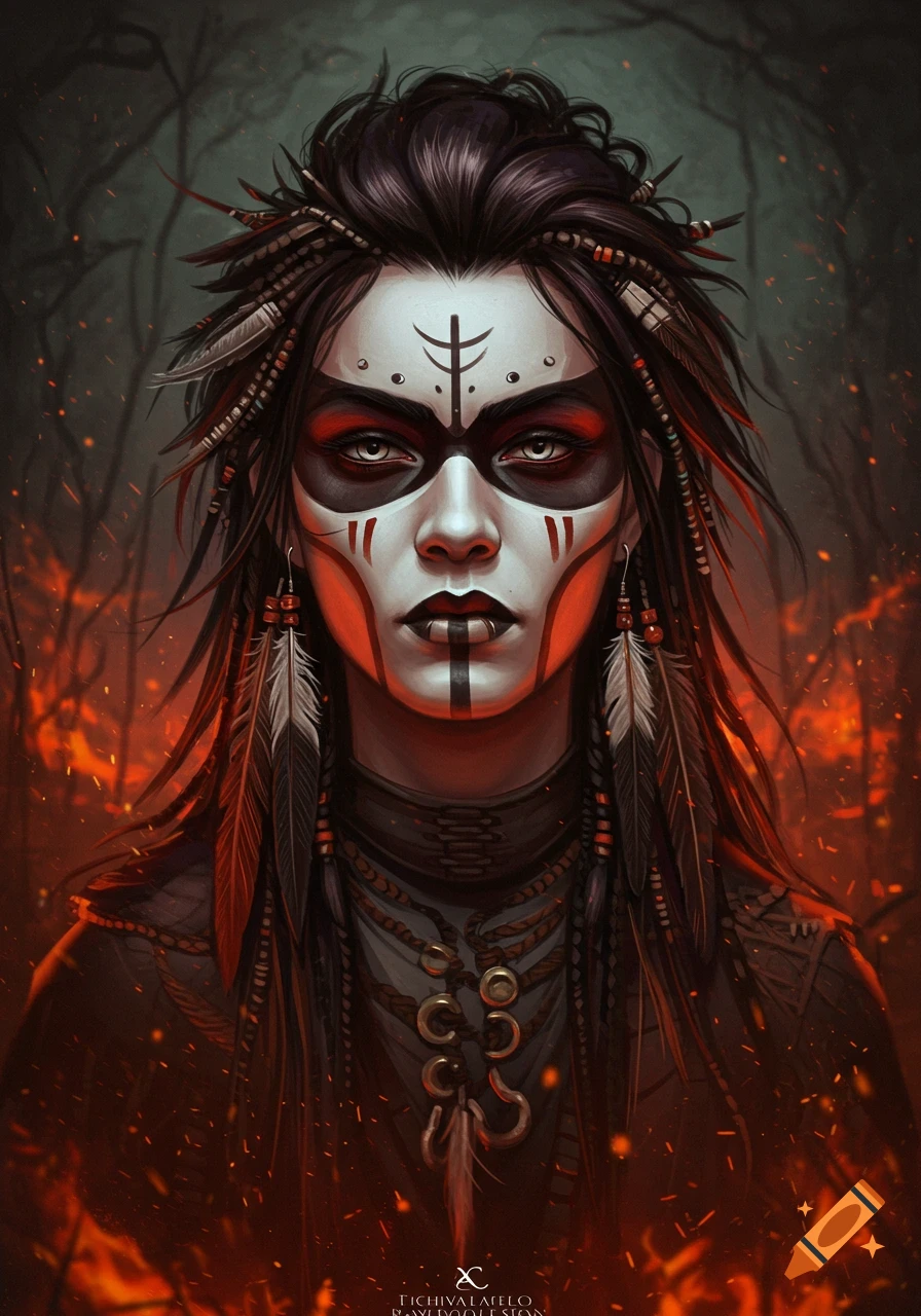 A woman with intricate white and red tribal face paint and dark eye makeup, adorned with feathers and beads, against a background of fire and dark trees.