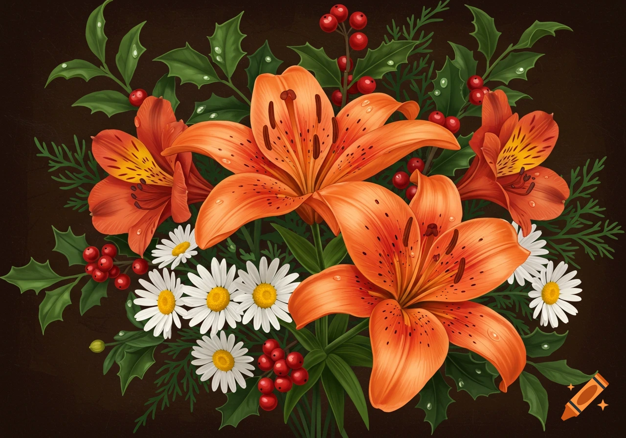 A bouquet with orange tiger lilies, white daisies, and red holly berries.