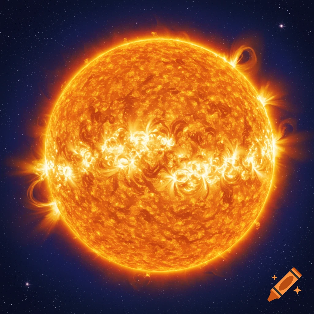 The sun showing solar flares against a dark space background with stars.