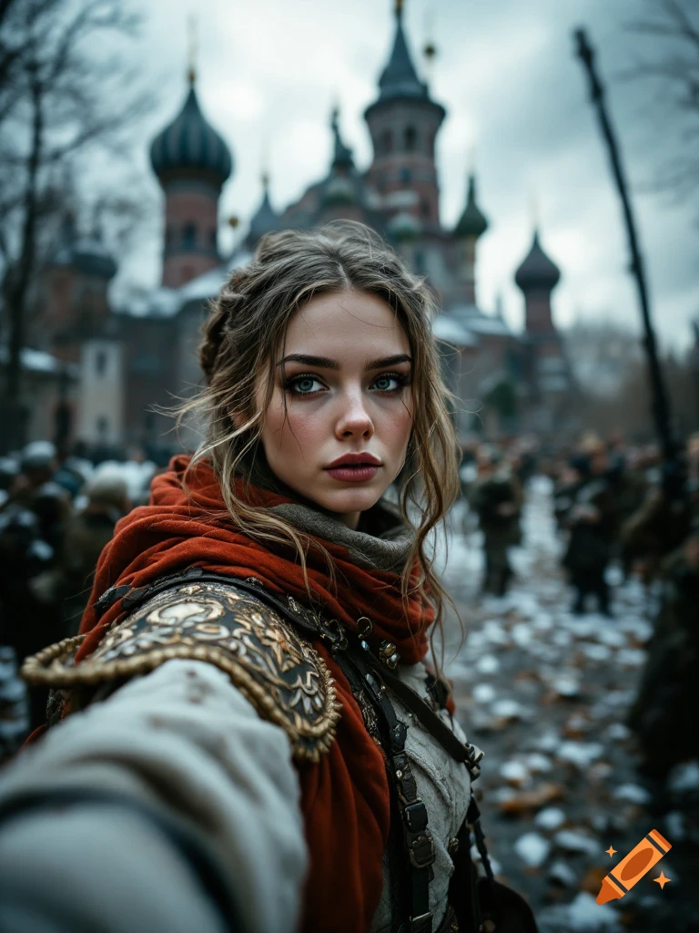 Woman in historical clothing takes a selfie in a snowy setting with a building behind her.