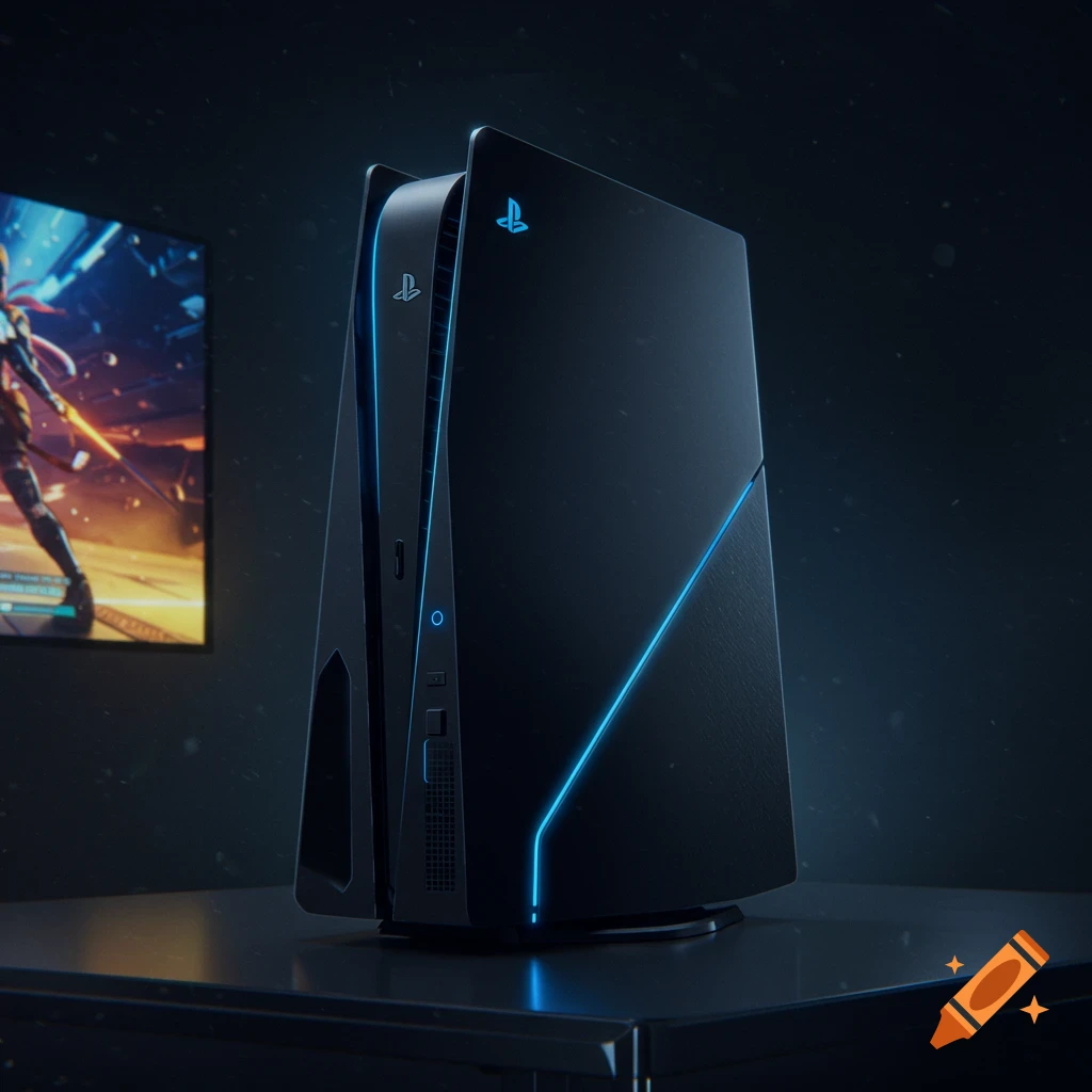 A sleek black PlayStation 6 concept console with blue lighting.