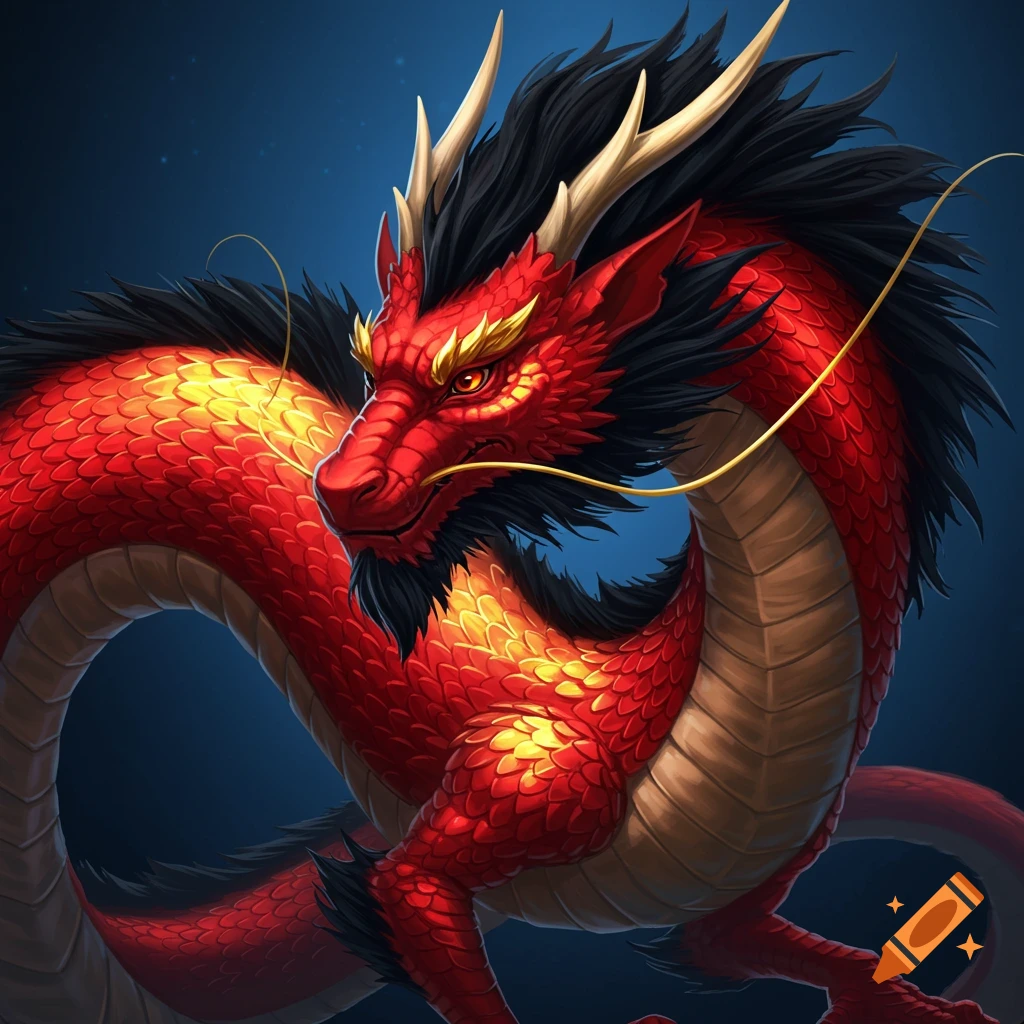 A detailed illustration of a red and gold Chinese dragon with black fringes.