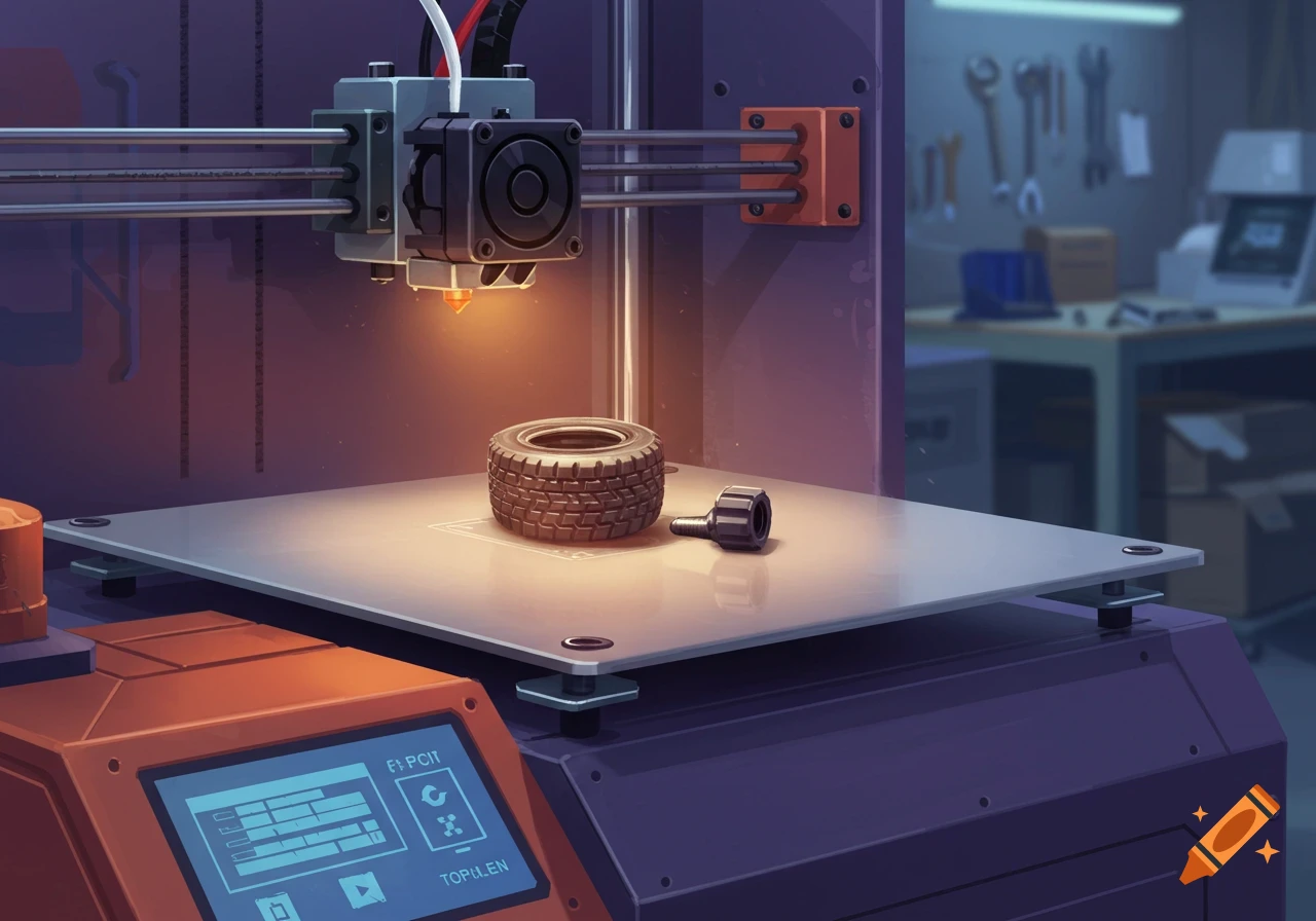 A 3D printer making a tire valve stem cap in a workshop.
