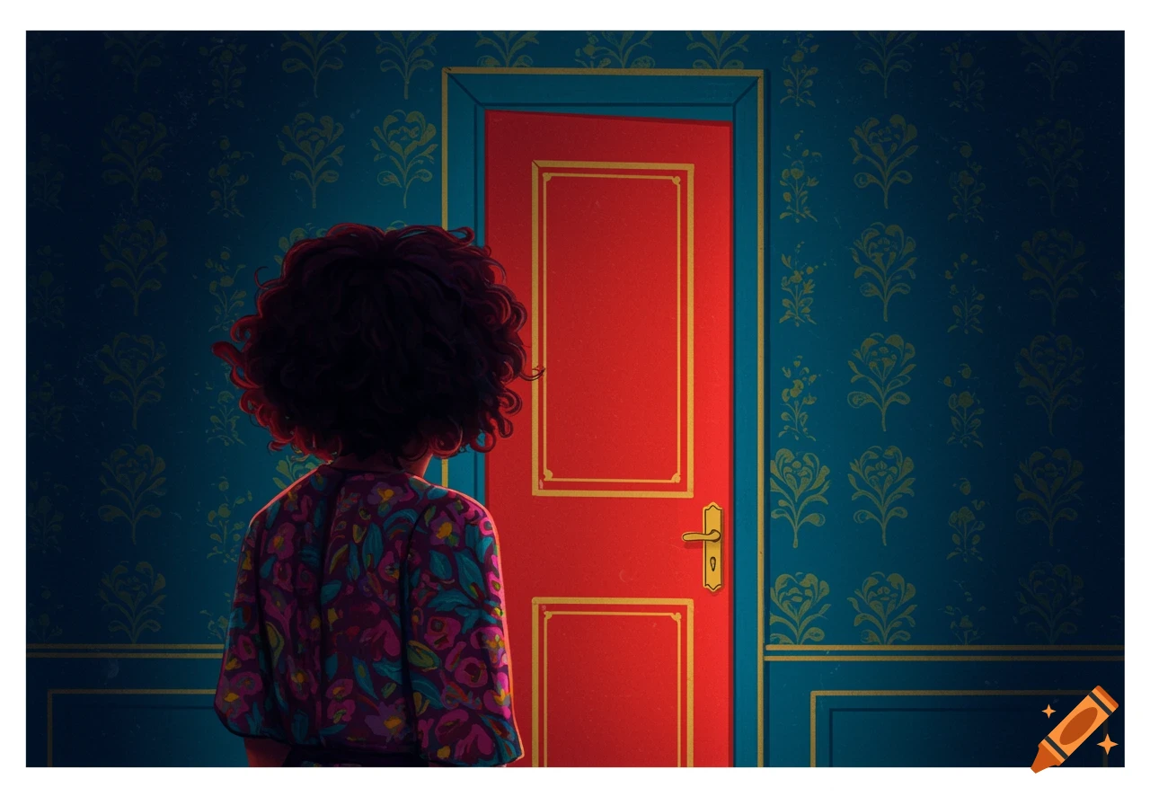 A person faces a red door in a dark room with blue floral wallpaper.