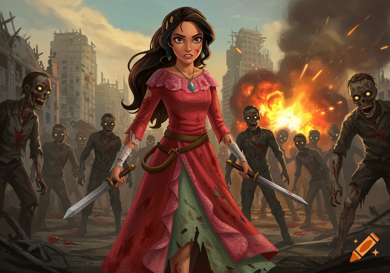 Vibrant comic book style image of a woman fighting zombies in a ruined city.