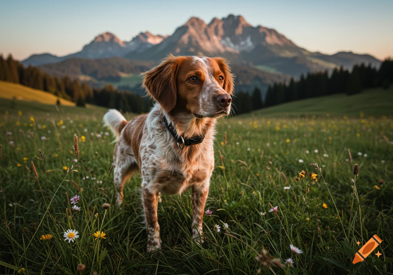 A dog stands in a field of wildflowers with mountains in the background at sunset.
