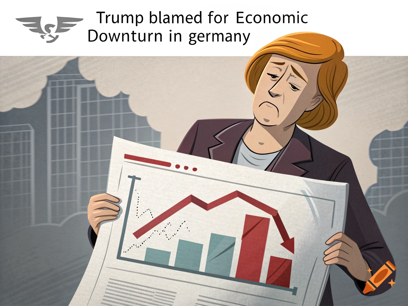 Cartoon illustration of a sad person holding a chart showing economic decline, with text 'Trump blamed for Economic Downturn in germany' at the top.